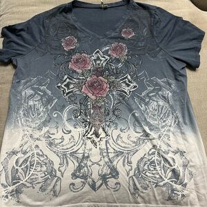 Vintage Affliction Tshirt EST. 1946 Crosses Roses V neck  XXL Y2K blue pink